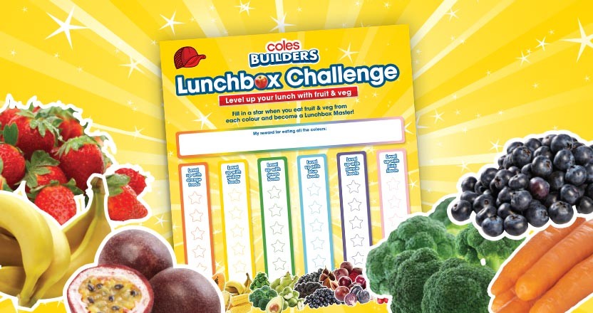 Coles lunchbox challenge poster with fruit and veg in the background