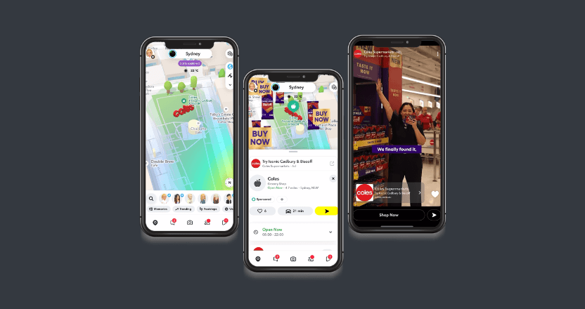 3 mobile phone screens showing Snapchat and Coles content