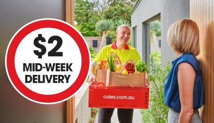 Woman welcoming a Coles employee who is delivering bags of goods to her front door, roundel on the left reads: $2 Mid-Week Delivery