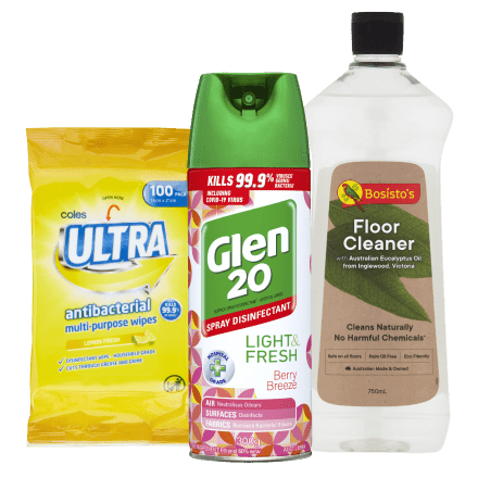 Air freshener, wipes and a bottle of floor cleaner