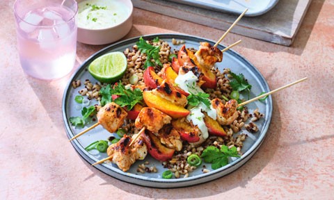 BBQ chicken and peach skewers with lime crema