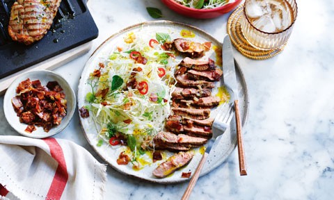 BBQ lamb with fennel slaw and pancetta vinaigrette