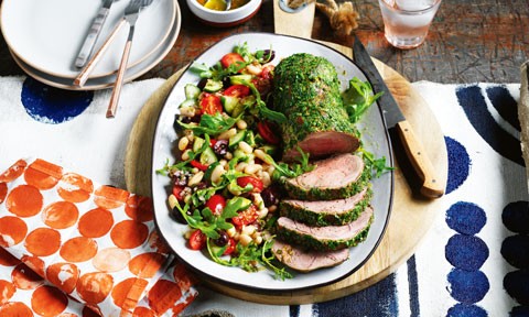 Herb crusted lamb with canellini bean salad