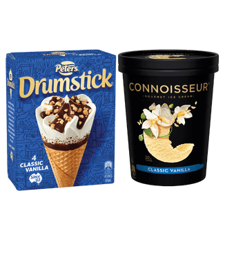 Peters Drumstick ice cream cones and Connoisseur vanilla tub