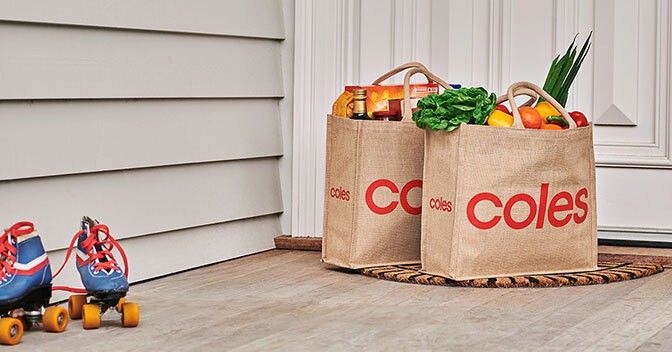 Coles bags on doorstep next to roller skates 