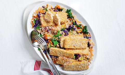 Quick crumbed tofu with fried rice 