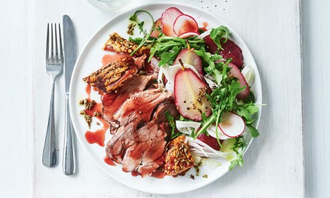 Roasted pork with poached pear salad 