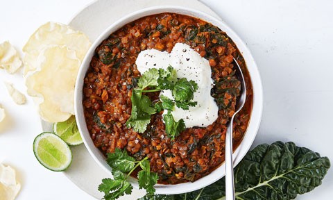 Silverbeet dhal with yoghurt and lime cheeks