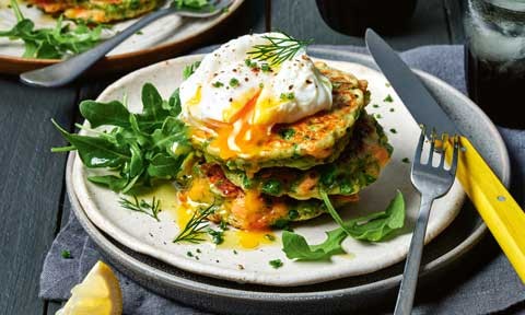 Pea and salmon fritters with poached eggs