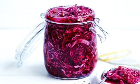 Fennel seed pickled cabbage in a glass jar