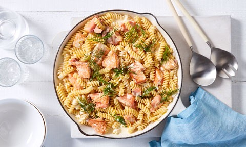 Lemon Salmon Pasta in a serving bowl with sprigs of dill