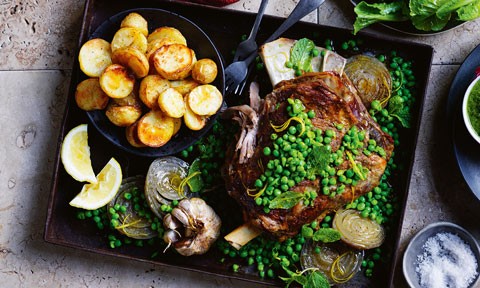 Slow-roasted lamb shoulder with crushed peas, roasted potatoes and mint salsa