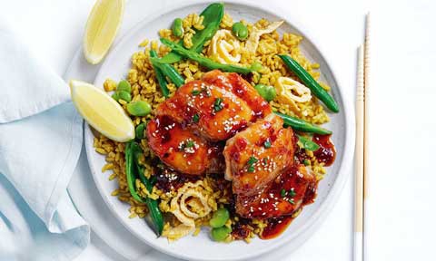 Sticky sesame chicken with mixed bean fried rice
