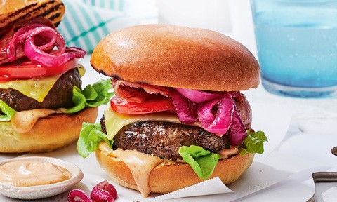 Two beef burgers with caramelised onion and aoili 