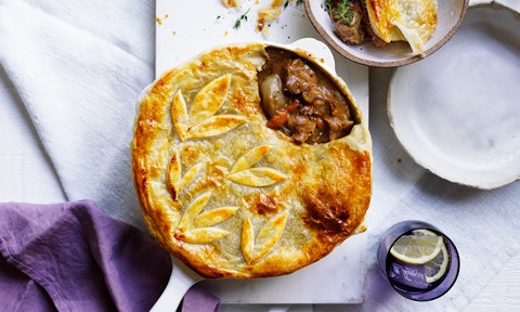 Chunky beef and Guinness pie topped with pastry in leaf shapes
