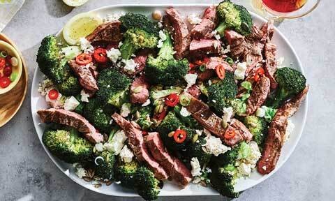 BBQ lamb with warm broccoli salad
