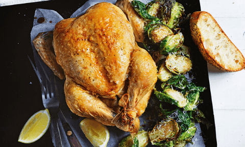 Curtis Stone's roast chicken with crispy Brussels sprouts and focaccia