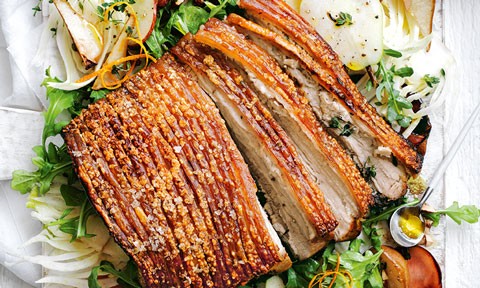 Pork Belly, Partially Sliced, with Roast Pear and Rocket Salad