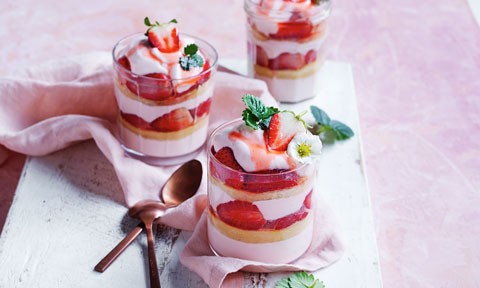Three Strawberry Shortcake Trifles in Glass Cups