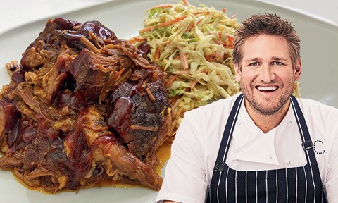Pulled pork and cabbage slaw with a picture of Curtis Stone over the top