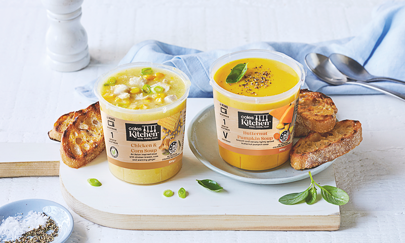 Two Coles Kitchen soups with toasted bread on the side