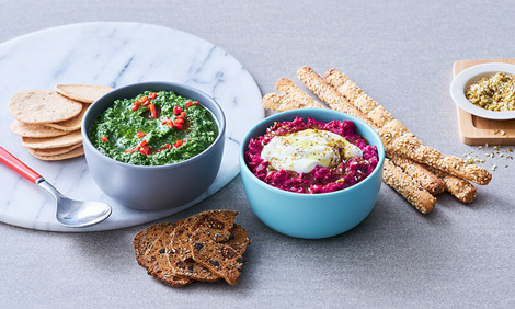 Two Picnicware bowls filled with dips and bread sticks and crackers on the side 