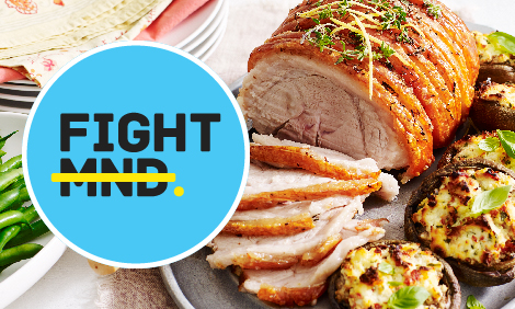 Pork roast with the FightMND logo over the top