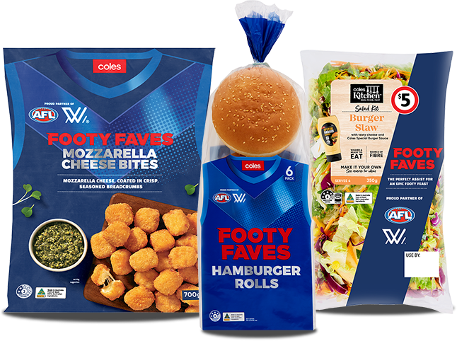 Coles mozzarella cheese bites, burger buns and burger slaw 