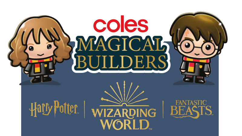 Coles Magical Builders logo with Heromiony and Harry. Harry Potter, Wizarding World, Fantastic Beasts.