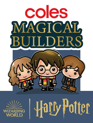 Coles Magical Builders logo with Heromiony and Harry. Harry Potter, Wizarding World, Fantastic Beasts.