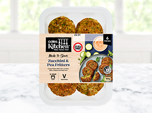 Coles Kitchen Zucchini & Pea Fritters in packet on benchtop