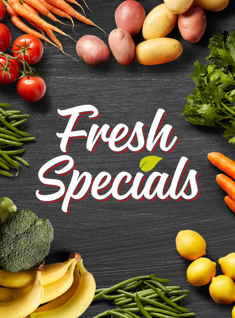 Fruit and vegetables displayed around a fresh specials logo