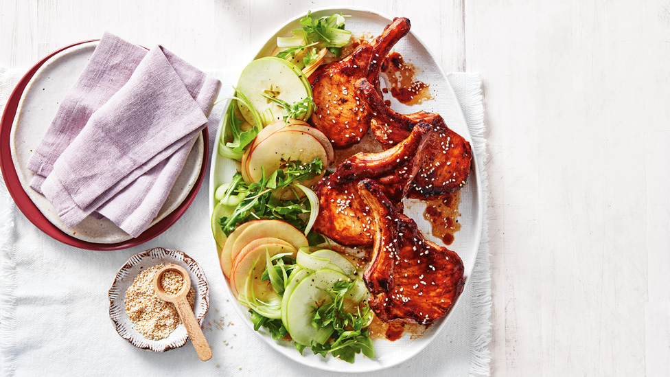 Apple Salad with Sticky Pork Chops dressed with Sesame Seeds