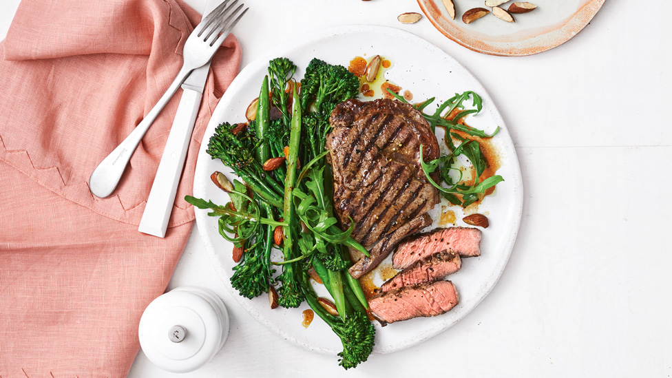 Chargrilled steak with baby broccoli and sprinkled almond