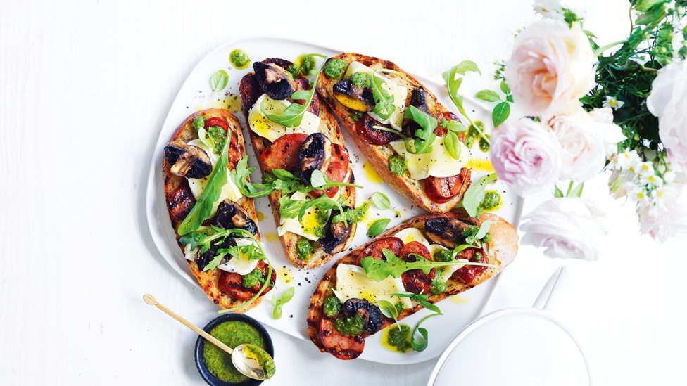 Chorizo, Mushrooms and Brie on Sourdough on white plate