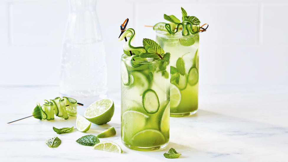 Two glasses of fresh cucumber gin fizz.