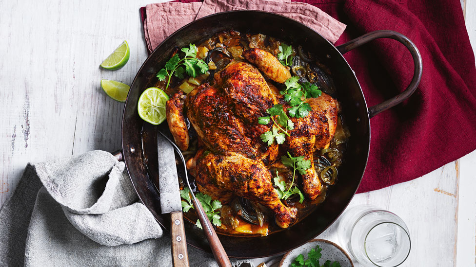 Curtis’ braised whole chicken chilli verde with tortillas and lime wedges