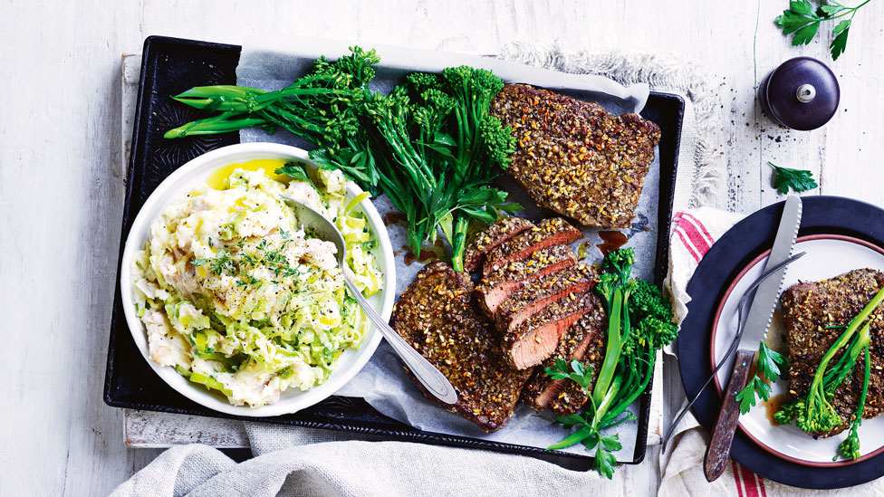 Three pieces of dukkah beef steak with loaded mash potato