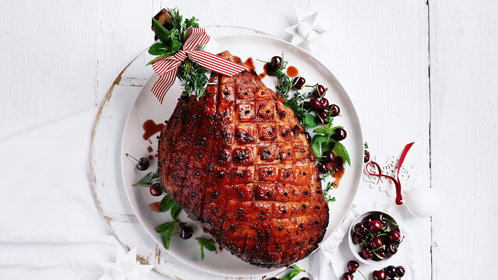A roast ham with a cherry glaze