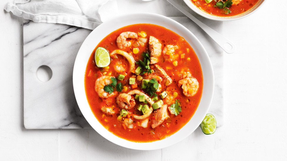 A bowl of mexican style seafood soup