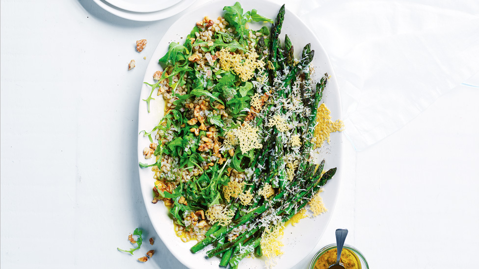 Curtis' pan-roasted asparagus with pecorino drizzled with vinaigrette