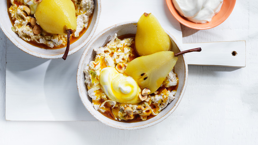 Poached pear bircher muesli 