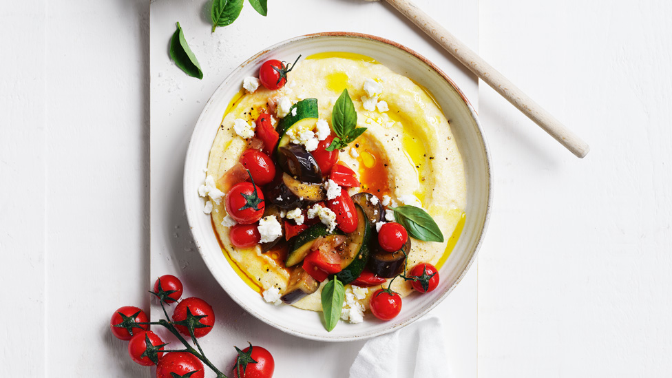 Polenta with roasted tomato, eggplant and zucchini topped with fetta