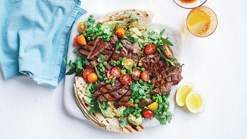 Smoky lamb, pita and pea hommus plate