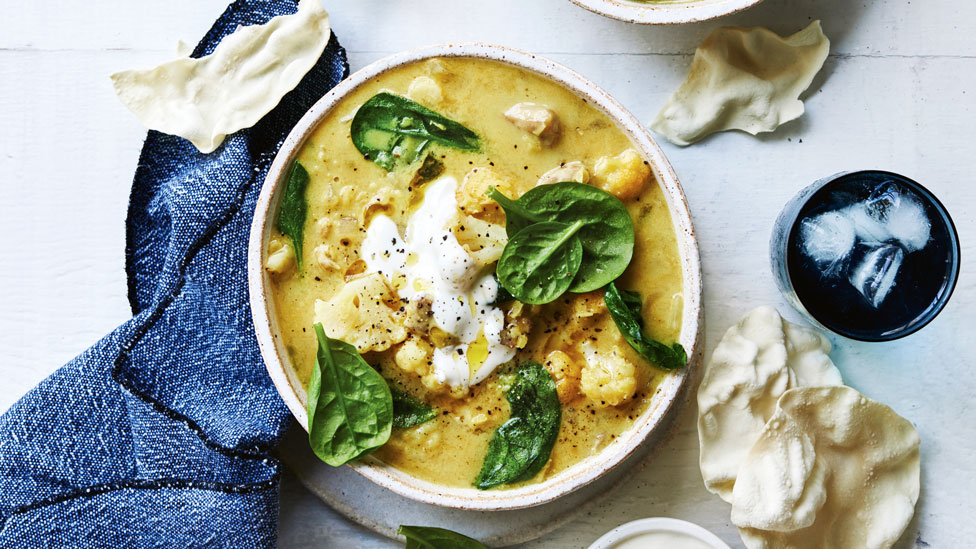 Spiced chicken, lentil and cauliflower soup 
