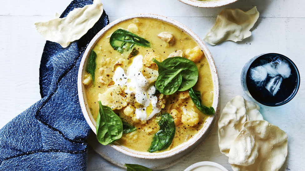 Spiced chicken, lentil and cauliflower soup