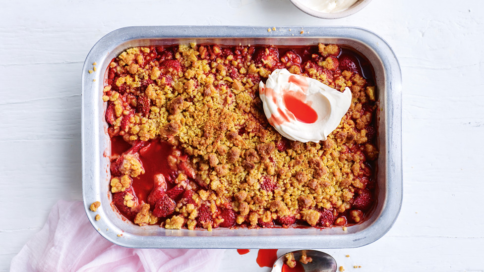 Strawberry and Pimm’s Crumble in tray