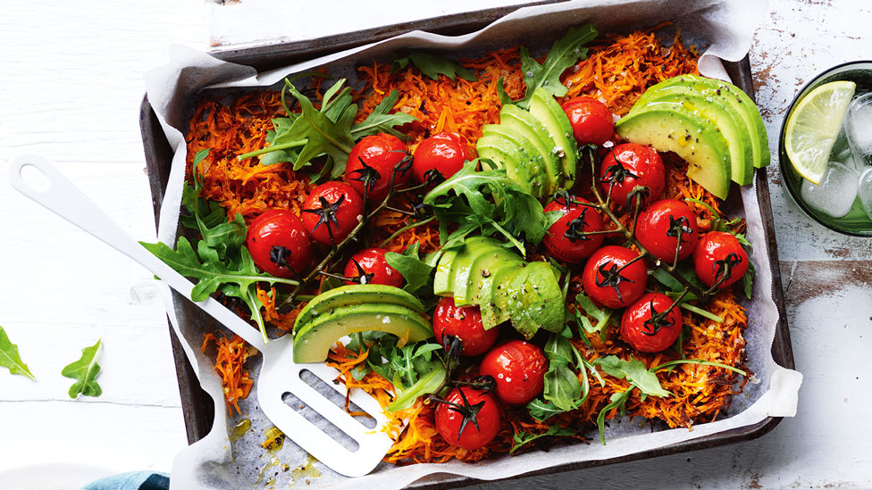 Sweet Potato Rosti with Roast Tomatoes In Tray With Spatula