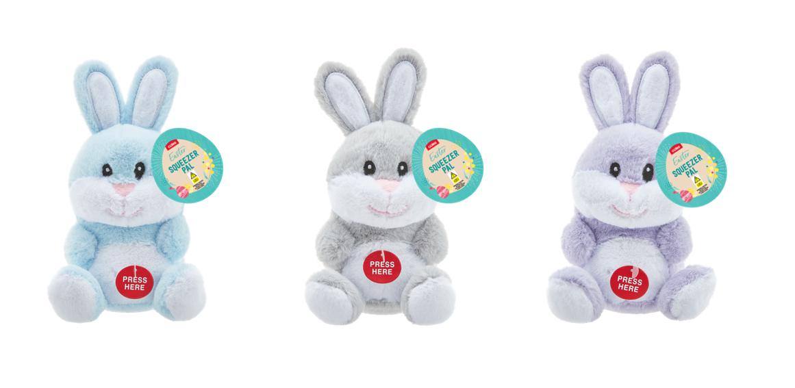 Coles Easter Bunny Squeezer Pals in three colours – blue, grey and purple