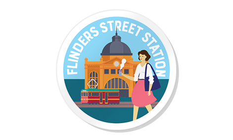 Round illustration with cartoon woman standing in front of Flinders Street Station in Melbourne